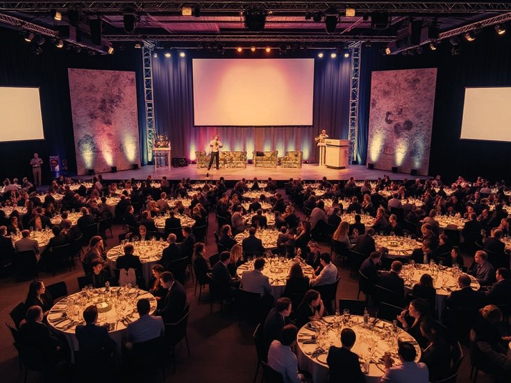 Evening gala dinner with stage and full seating